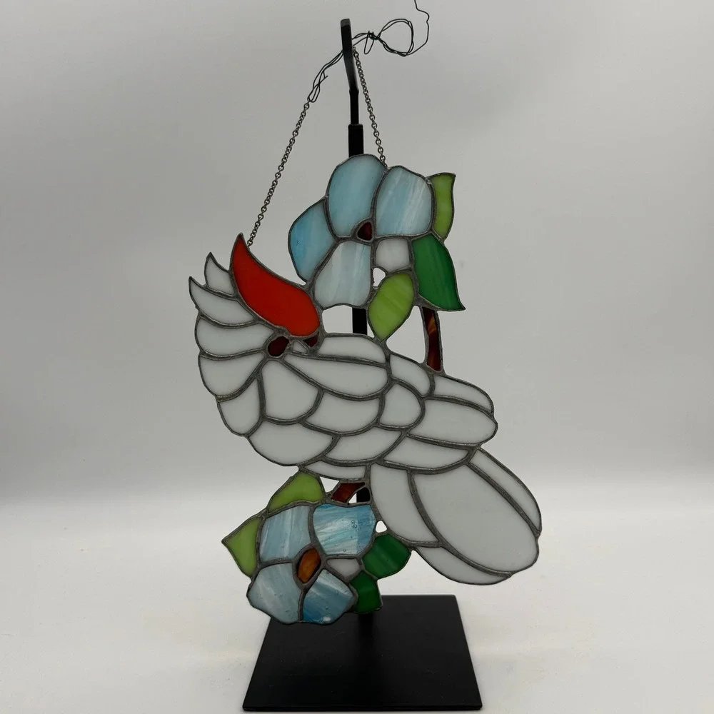Vintage Stained Glass Bird Suncatcher White Cockatoo Blue Flower Window Decor